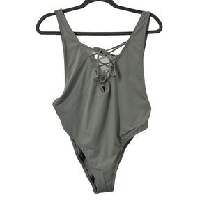 Swimsuit NWT NEW Size Large. Grey. Sexy plunge Lace Up V-neck